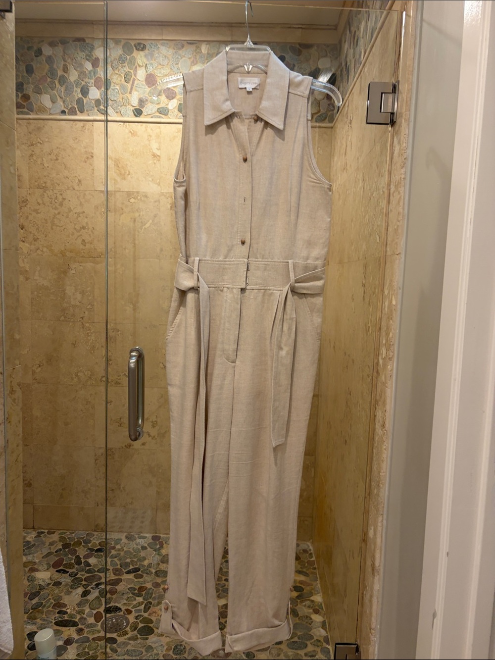 Christy Sleeveless Beige Collared Linen-Blend Jumpsuit with Waist Tie